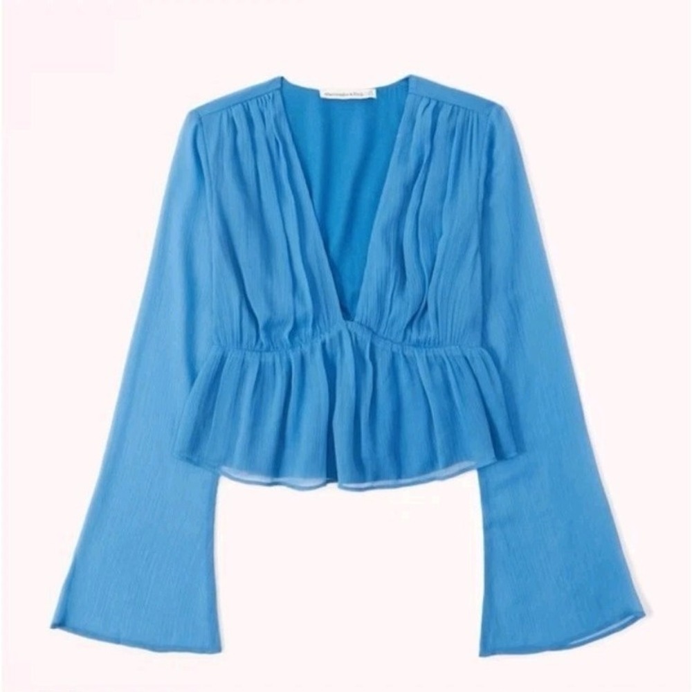 Abercrombie & Fitch Peplum Blouse Bell Sleeves Sheer Blue Plunge Babydoll‎ SZ XS